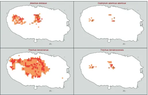 Figura  4.  Mapas  preditivos  da  Adequação  de  Habitat  para  as  quatro  espécies  endémicas,  obtidos  com  a  metodologia  alargada  BIOCLIM  (baseada  na  metodologia  proposta  por  Busby  1991,  ver  texto)