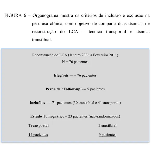 FIGURA  6  –  Organograma  mostra  os  critérios  de  inclusão  e  exclusão  na  pesquisa  clínica,  com  objetivo  de  comparar  duas  técnicas  de  reconstrução  do  LCA  –  técnica  transportal  e  técnica  transtibial