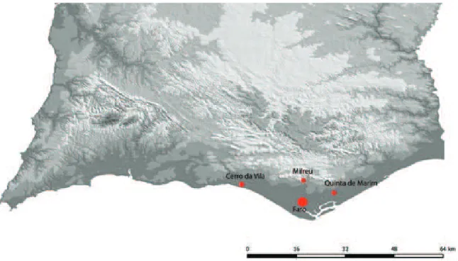 Fig. 6 – Ossonoba   e a localização das  villae com mausoléus  identificados (do autor)