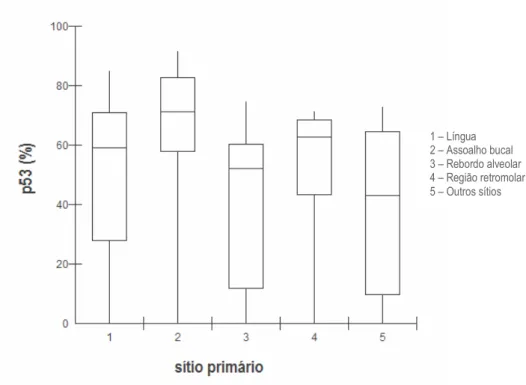 GRÁFICO 1- Comparação dos índices de imunomarcação para a proteína p53 de acordo com o sítio  anatômico primário da lesão