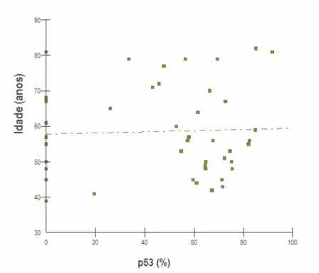 GRÁFICO 2 - Distribuição dos índices de imunomarcação para a proteína p53 de acordo com a idade  dos pacientes