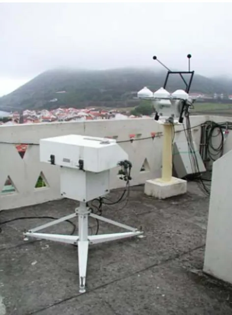 Fig. 1. Measuring radiation setup from AZONET (AZores Observation NETwork) at José  Agostinho Observatory in Angra do Heroísmo: Brewer MKII spectrophotometer (left) and the  sun tracking system setup (right)