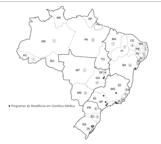 Figura 1. Distribuição dos 241 médicos especialistas em Genética e dos 11 programas de residência  em Genética Médica no Brasil.
