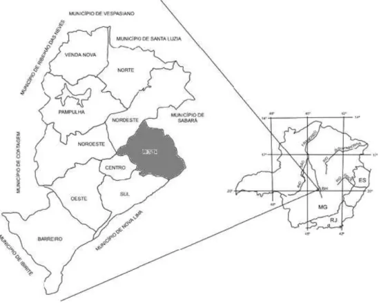 FIGURA  1  –  Distribuição  geográfica  do  município  de  Belo  Horizonte  (MG)  subdivido por regionais administrativas 