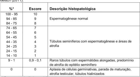 Tabela  2.  Classificação  histopatológica  da  espermatogênese  segundo  Bergmann  e  Kleisch (2011)