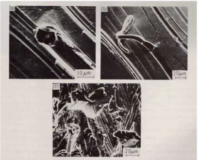 FIGURA 2.8 – Micrografias de interações entre abrasivos minerais e superfícies de aços (a)  microsulcamento, (b) microcorte e (c) microlascamento (Feller, 1971)
