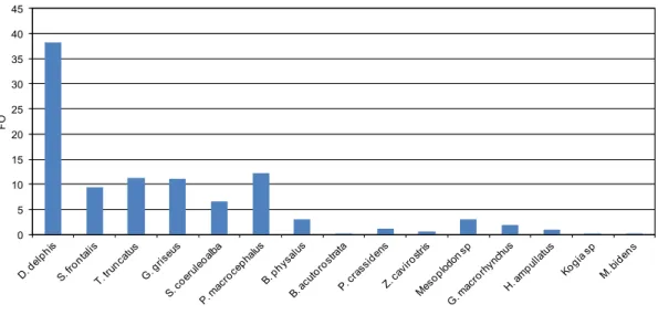 Figura 2 – Frequências de Ocorrência (FO) para as 15 espécies de cetáceos observadas no litoral  Sul da ilha Terceira entre 2007-2011