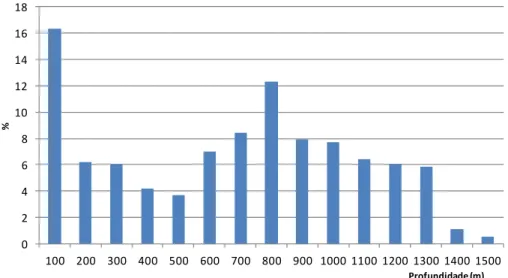 Figura 8 – Distribuição batimétrica dos avistamentos (%). 
