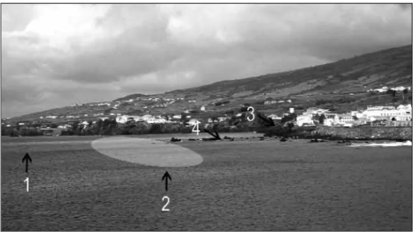Figura 4: Vista geral do sítio a partir do Monte da Guia: 1- a embarcação de apoio ancorada durante os trabalhos de 2002; 2- localização do sítio arqueológico; 3 – localização do Portinho do Alcaide; 4 – rochedos situados a Sul do Portinho do Alcaide (foto