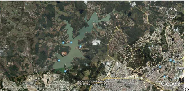Figura 4.1 - Localização do reservatório de Vargem das Flores/MG: (a) mapa da localização  da bacia hidrográfica – (b) Localização geográfica da represa (Fonte: Google Earth, 2008)