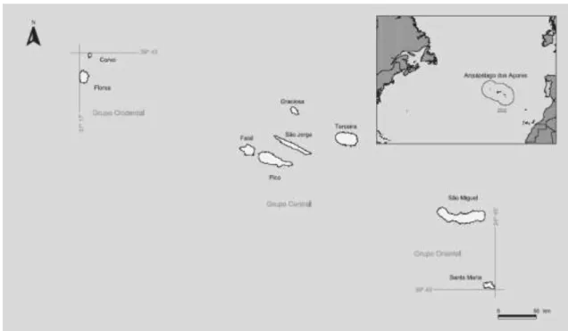 Figura 1 – Enquadramento geográfico do Arquipélago dos Açores (Fonte: Santos &amp; Pinho, 2005)