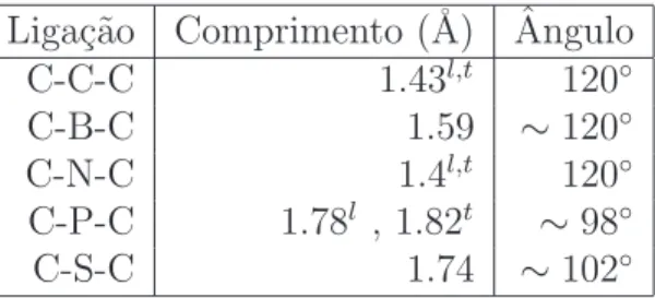 Tab. 2.1: Comprimento das liga¸c˜ oes entre ´atomos de carbono e v´arios hetero´atomos e seus ˆangulos de liga¸c˜ ao em um nanotubo (6,6)