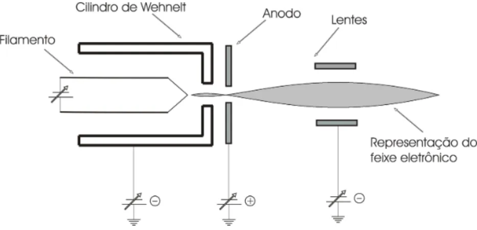 Figura 3.2: Esquema de um canh˜ao de el´etrons. Os el´etrons s˜ao emitidos termicamente do filamento, acelerados por uma diferen¸ca de potencial aplicada entre esse e o anodo e finalmente o feixe de el´etrons gerado ´e colimado pelo cilindro de Wehnelt.
