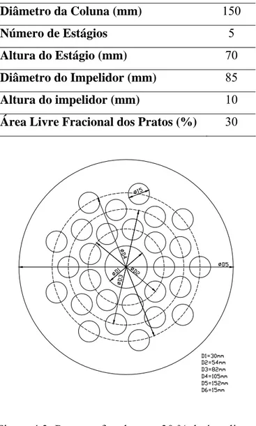 Tabela 4.1: Dimensões da seção de coluna Kühni utilizada neste trabalho.  Diâmetro da Coluna (mm)  150  Número de Estágios  5  Altura do Estágio (mm)  70  Diâmetro do Impelidor (mm)  85  Altura do impelidor (mm)  10 
