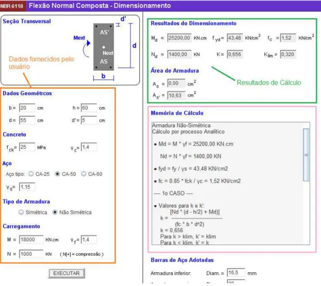 Fig. 3.5: Aplicativo para dimensionamento à flexão normal composta. 