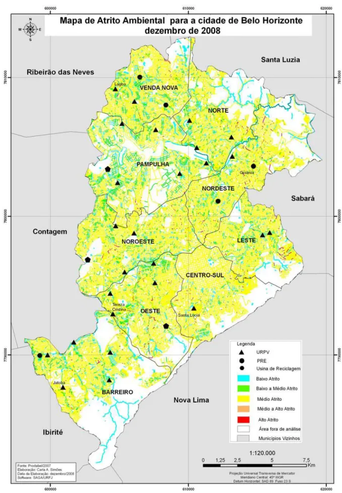 FIGURA 21 - Mapa de atrito ambiental aos carroceiros para a cidade de Belo Horizonte – dezembro de 2008  Nota: Para melhor visualização, sugere-se a consulta ao arquivo digital (APÊNDICE B)