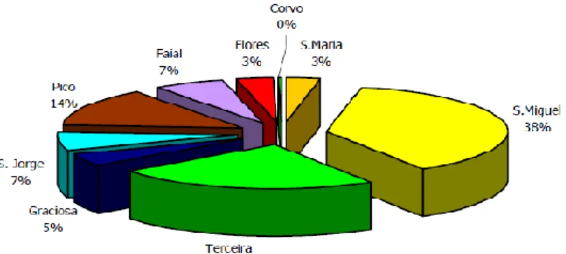 Figura 1 – Superfície Agrícola da Região Autônoma dos Açores (RAA). Fonte: INE,  Anuário Estatístico dos Açores 2008; Governo dos Açores, 2007; SREA, 2007