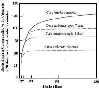 Figura 2.3 - Influência do tipo e do tempo de cura sobre a resistência do concreto 
