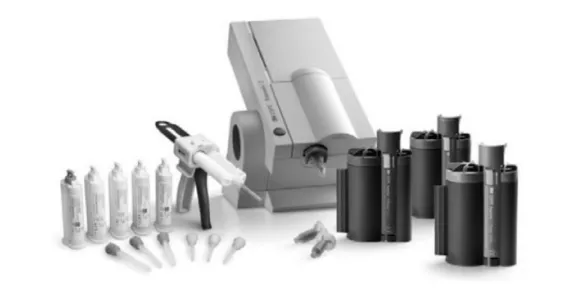 Figura  6:  Pistola  de  mistura  (mistura  automática),  misturador  mecânico  (mistura  dinâmica), Material empacotado e pontas de mistura (automático e dinâmico), (Sakaguchi  Ronald L