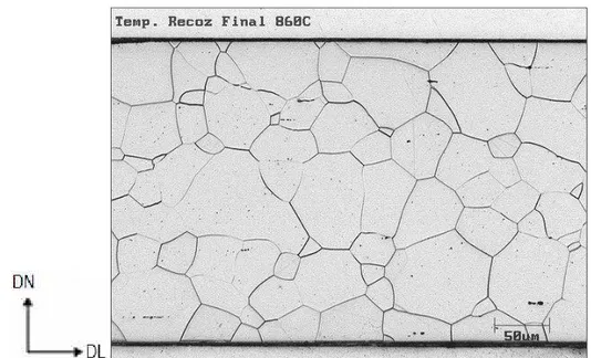 Figura 5.7 Micrografia da amostra de aço 3,3% silício submetida a uma temperatura de  recozimento final de 860°C