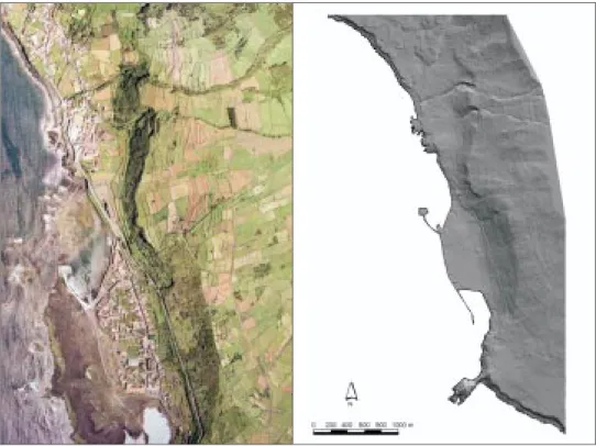 Figura 4. Ortofotomapa para a Vila das Lajes do Pico (esquerda) e Modelo Digital de Terreno (direita) para a arriba fóssil das Lajes do Pico e zonas adjacentes