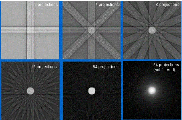 Figure 2.6 - Illustration of back-projection resulting images, with different numbers of projections (Platten, 2003) 