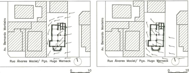 Figura 4 - Plantas entorno da edificação e indicação do deslocamento dos ventos em 2 momentos  Fonte: elaborado pelo autor 