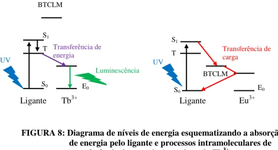 FIGURA 8: Diagrama de níveis de energia esquematizando a absorção                         de energia pelo ligante e processos intramoleculares de                          transferência de energia (complexo de Tb 3+ ) ou carga                          (comp