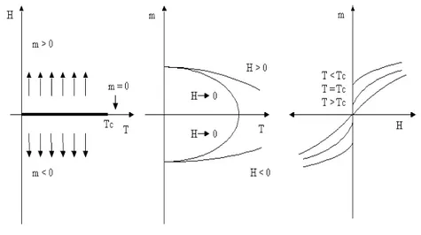 Figura 2.5: Proje¸c˜ ao do diagrama de fases do ferromagneto de Ising (esquerda) e gr´aficos de m em fun¸c˜ ao de T e H.