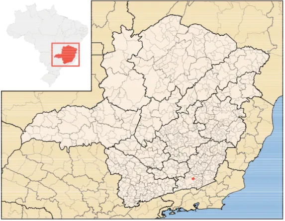 Figura 1 - Localização do município de Coronel Pacheco, Minas Gerais, área endêmica para FMB e local de coleta de carrapatos.
