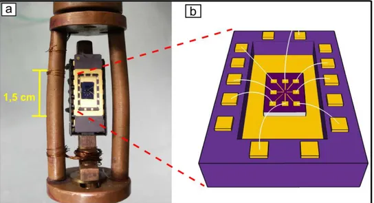 Figura 3.10: a, dispositivo no chip e encaixado na haste de medidas elétricas. b, ilustração do dispositivo unido eletricamente ao chip.