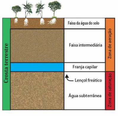 Figura 4.1 Esquema da distribuição vertical da água no solo e subsolo 