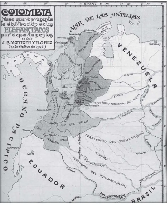 Figure 1: Map of the distribution of leprosy in Colombia. The gray shading on the map represents the frequency of leprosy in the areas; the darker the shading, the higher the number of cases  (Montoya y Flórez, 1910)