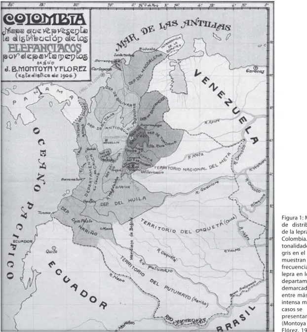 Figura 1: Mapa de  distribución de la lepra en Colombia. Las tonalidades de gris en el mapa muestran la frecuencia de la lepra en los departamentos demarcados, entre más intensa más casos se presentan (Montoya y Flórez, 1910)