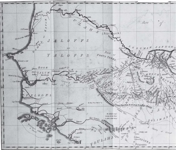 Figure 1: Route of Mungo Park’s expedition to the African hinterlands, departing from Pisania on the Gambia River, all the way to Silla on the Niger River