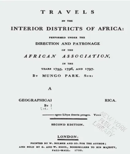 Figure 2: Cover page of the second edition of Mungo Park’s book entitled  Travels in the interior districts of Africa , published in 1799