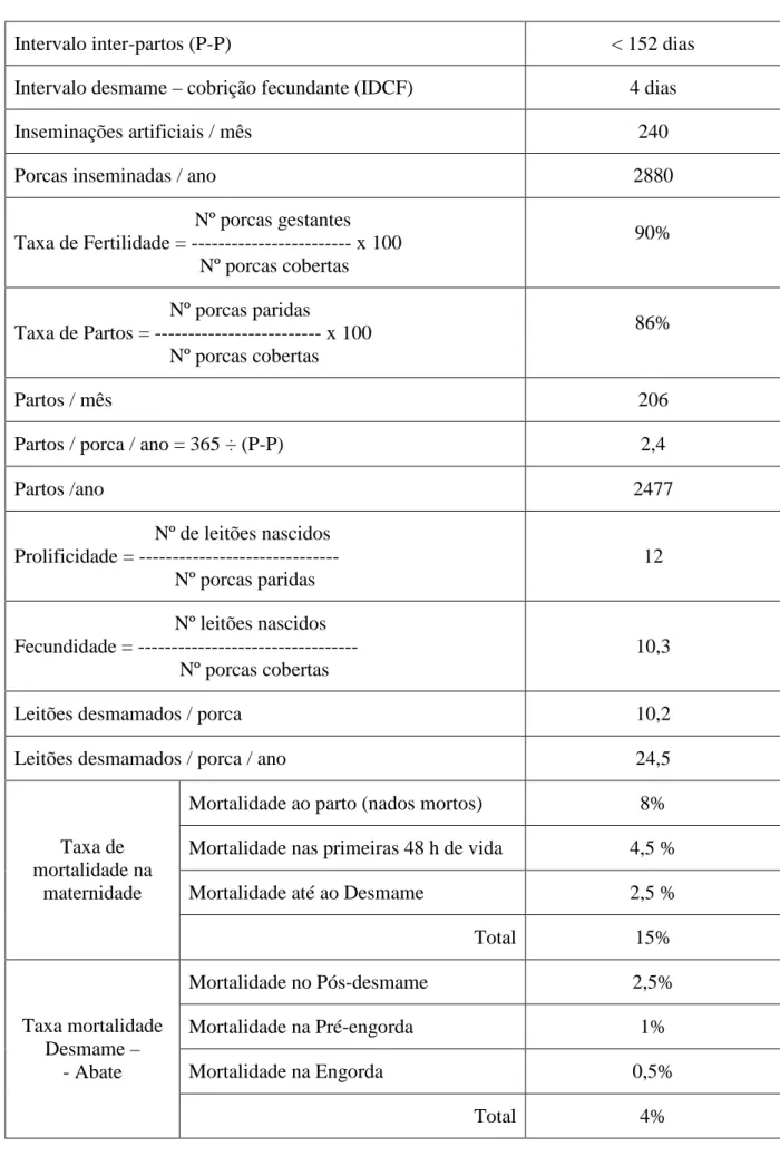 Tabela 4. Objectivos produtivos  