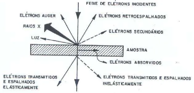 Figura 3.13 – Processos de interações possíveis durante a incidência de um feixe de  elétrons em uma amostra sólida 