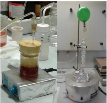 Figura 2.1. Imagens representativas da síntese de nanopartículas de Fe 3-x O 4  pelo método de precipitação  (à esquerda) e por refluxo (à direita)