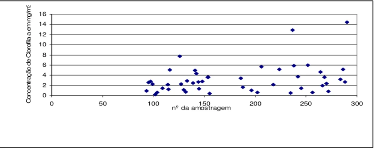 FIGURA -  5.14 - Variação da concentração de Clorofila a  em 47  amostras na estação principal do reservatório do Serra Azul entre 1981 e 2005