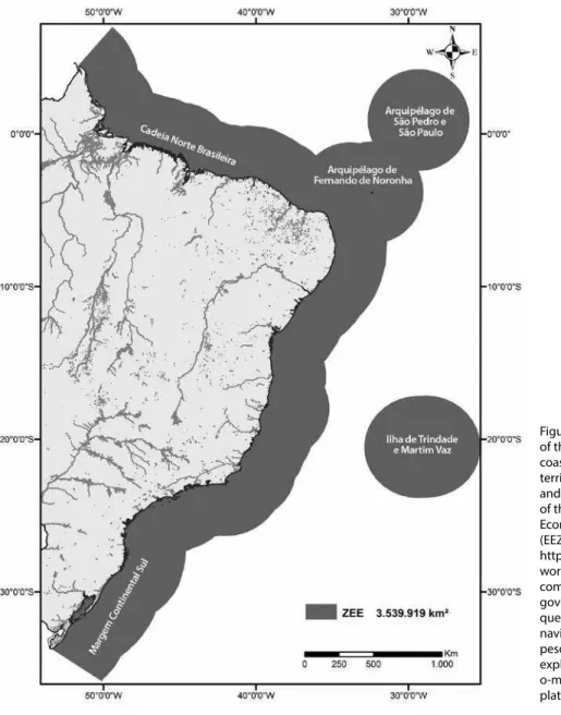 Figure 1: Map  of the Brazilian  coast, showing its  territorial waters  and the boundaries  of the Exclusive  Economic Zone  (EEZ) (Source:  http://eco4u