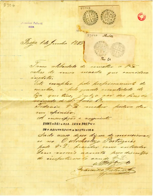 Figure 6. Letter and decals of an unissued coin: documents sent by Francisco Galinoti to José Leite de Vasconcelos on 1st June 1895
