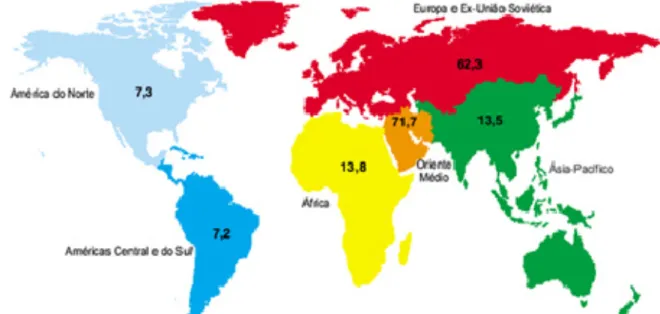 Figura 1.13 – Reservas provadas de gás natural, segundo regiões geográficas, em 31/12/2003,  em trilhões de m 3.