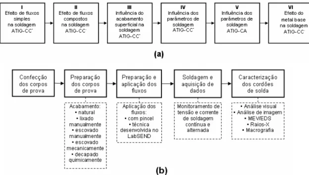 Figura 5.1 – Representação esquemática da metodologia usada:   (a) Blocos de testes. (b) Seqüência de operações usuais em cada bloco