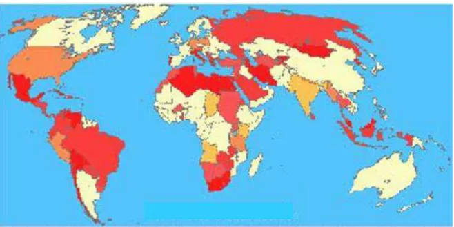 Figura  1.  Incidência mundial  da infecção  pela  B.  abortus.  No mapa  as  áreas 
