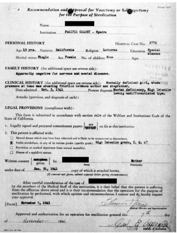 Figure 1: 1941 sterilization recommendation for a 17-year-old Mexican-origin girl at Paciic Colony (Source: Eugenic  Sterilization Data Set, 1919-1953, used in accordance with the California Committee for the Protection of Human  Subjects under 12-04-0166)