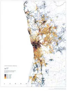 Fig. 2 – Contiguidades urbanas e densidade populacional no Noroeste de Portugal Fonte: Nuno Portas (coord.) - Políticas urbanas: documento de apoio ao colóquio, Lisboa,