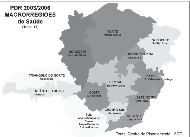 FIGURA 2- Pólos macrorregionais do estado de Minas Gerais  Fonte: Rev. Min. Saúde Púb.,A.3,N.5, p.24-34- jul/dez