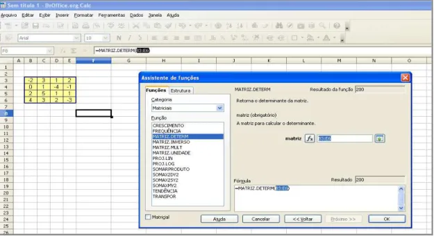 FIGURA 02 – Planilha Calc com a função cálculo do determinante em destaque  Fonte: BrOffice.org 3 