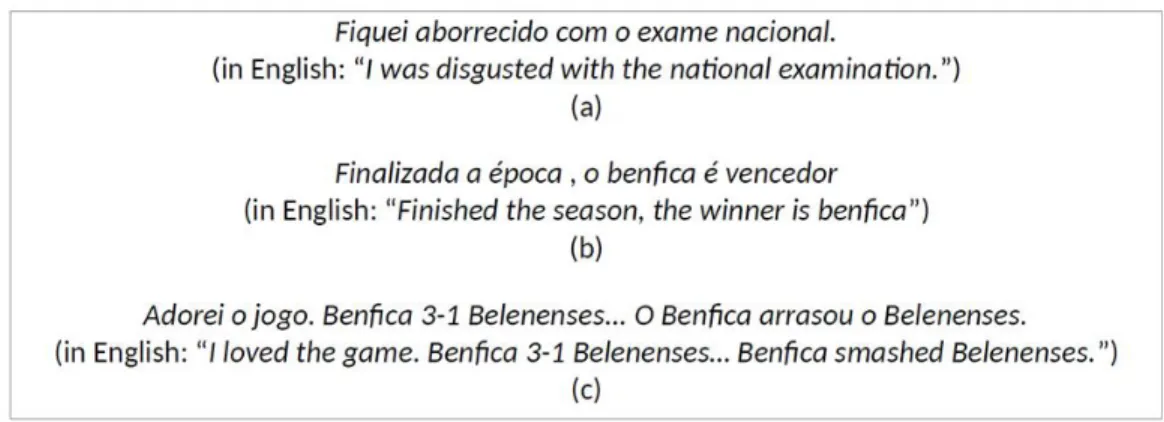 Figure 1: Different examples of text to be analyzed: without entities (a); with a single entity (b); and having  more than one entity (c)